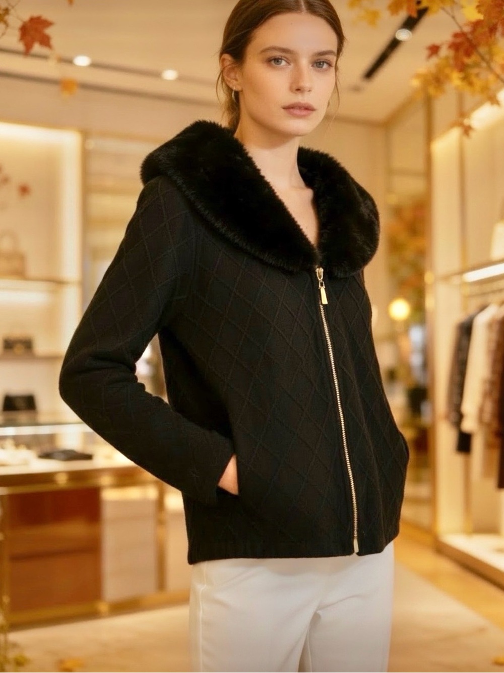 NWT Soft Surroundings Black Faux-Fur Collar Zipper Sweater Jacket-size Medium